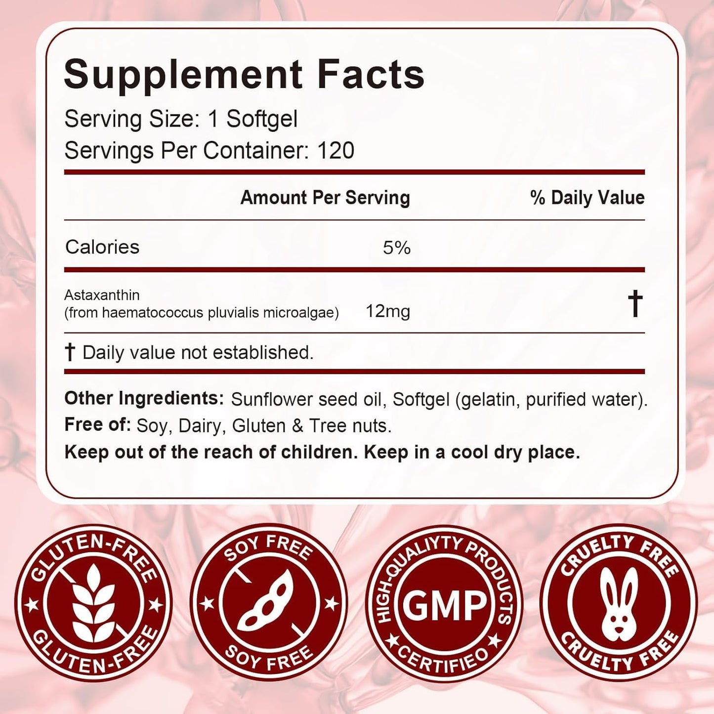 Astaxanthin 12mg Softgels | Microalgae-Derived Antioxidant | 120-Day Supply