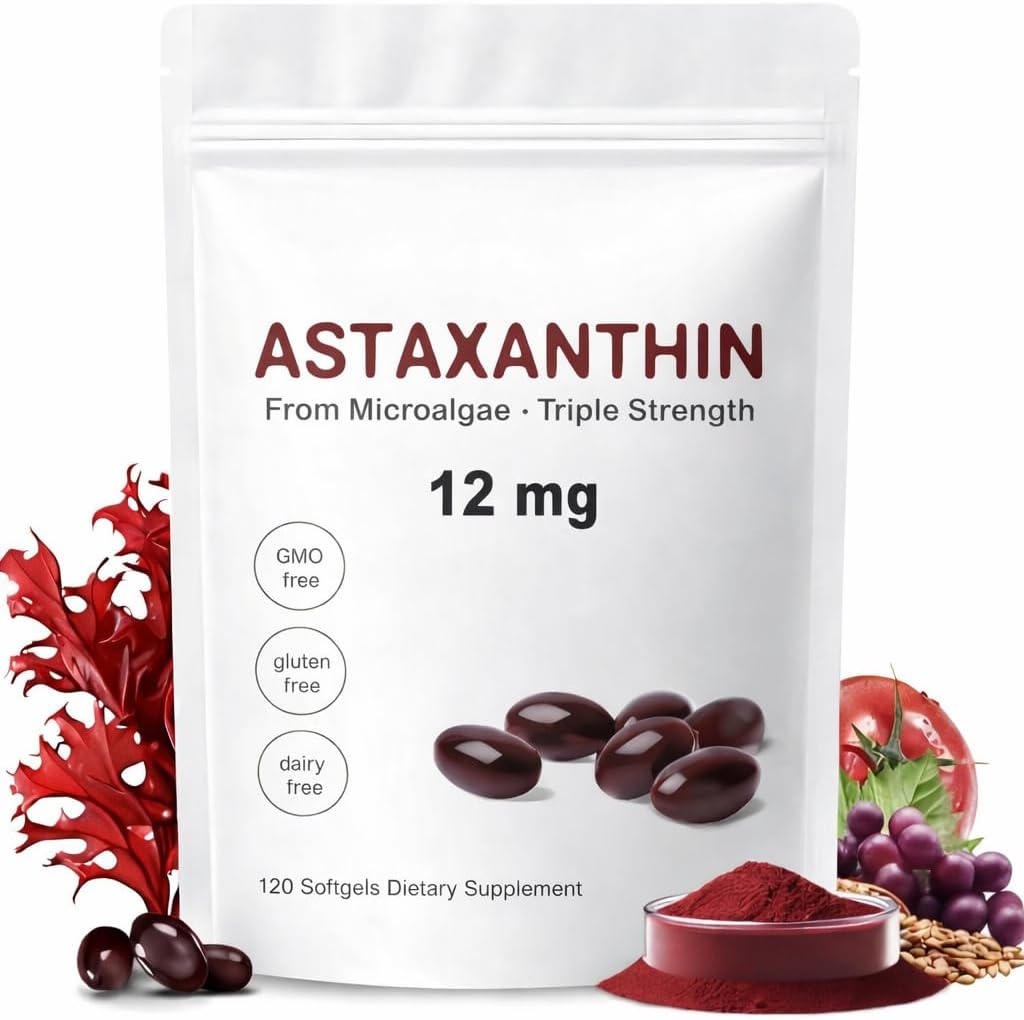 Astaxanthin 12mg Softgels | Microalgae-Derived Antioxidant | 120-Day Supply