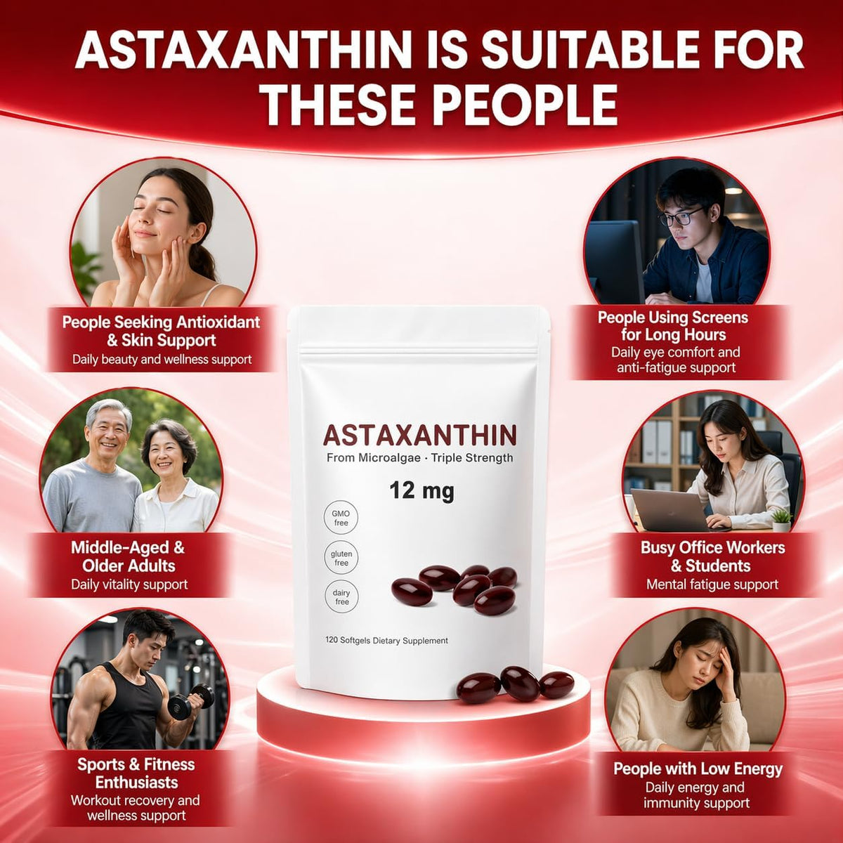 Astaxanthin 12mg Softgels | Microalgae-Derived Antioxidant | 120-Day Supply