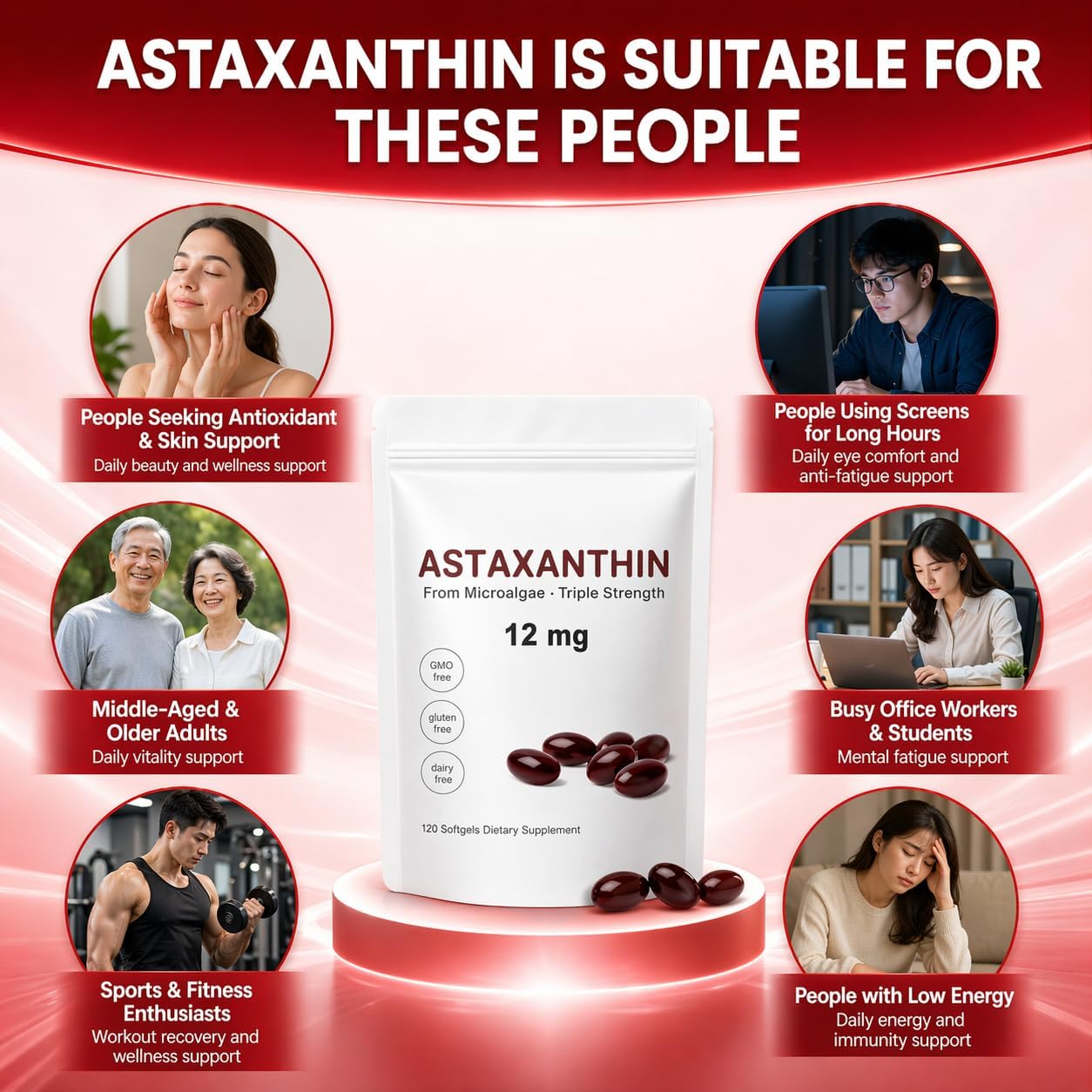 Astaxanthin 12mg Softgels | Microalgae-Derived Antioxidant | 120-Day Supply