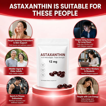 Astaxanthin 12mg Softgels | Microalgae-Derived Antioxidant | 120-Day Supply