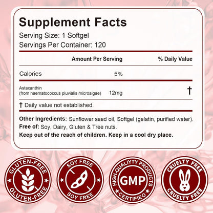 Astaxanthin 12mg Softgels | Microalgae-Derived Antioxidant | 120-Day Supply