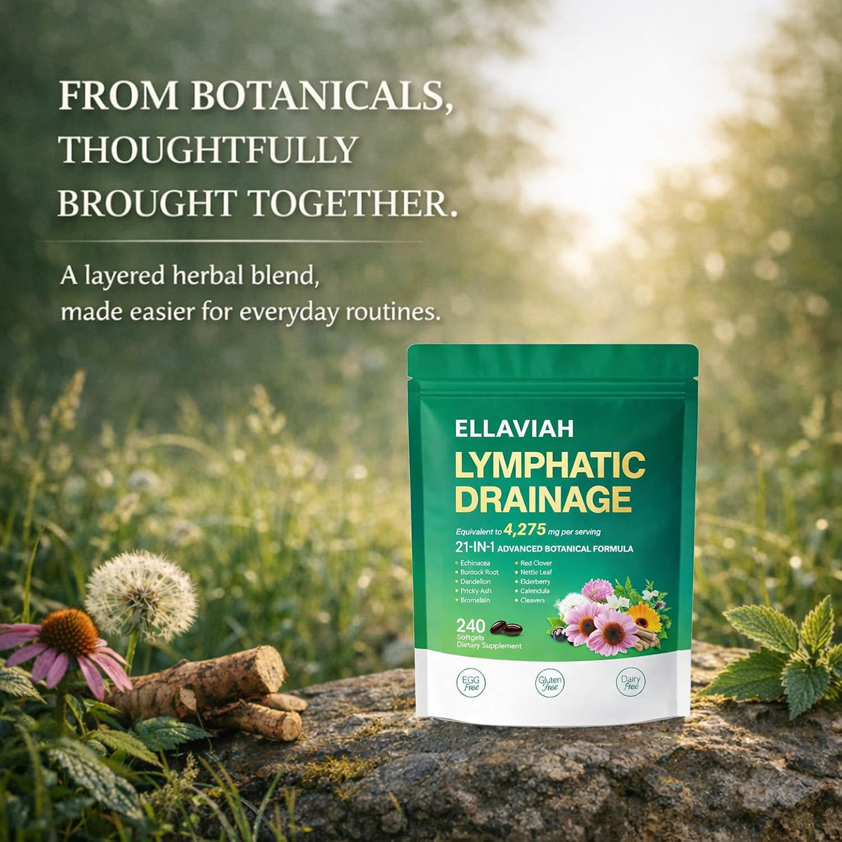 Lymphatic Drainage Softgels, 21-in-1 Botanical Herbal Blend with Echinacea, Dandelion, Burdock Root, Red Clover & Elderberry, 240 Softgels, 80 Servings