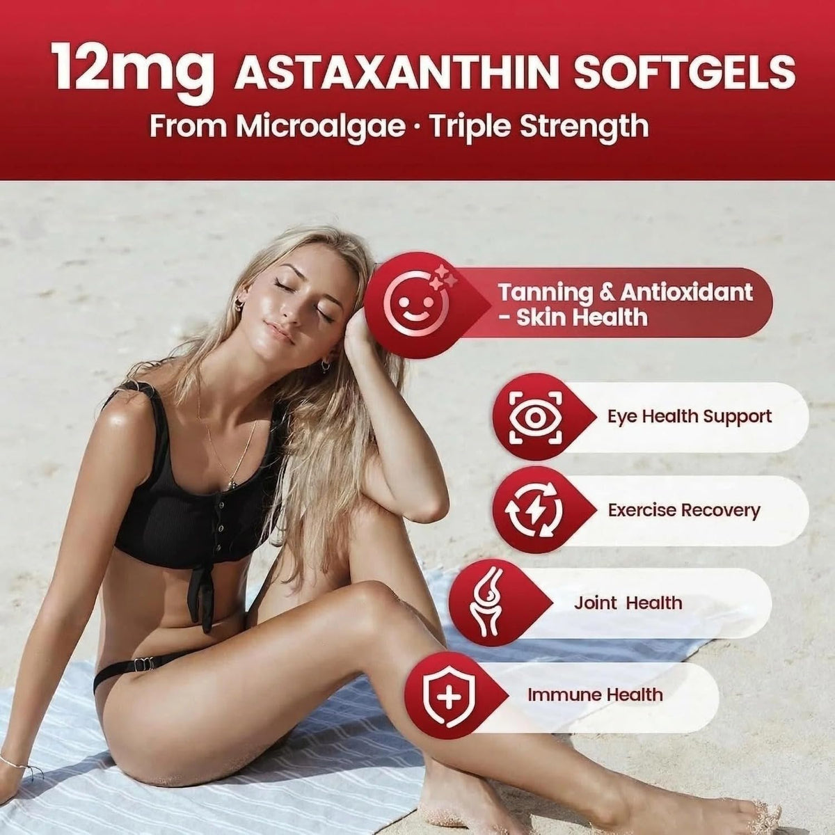 Astaxanthin 12mg Softgels | Microalgae-Derived Antioxidant | 120-Day Supply