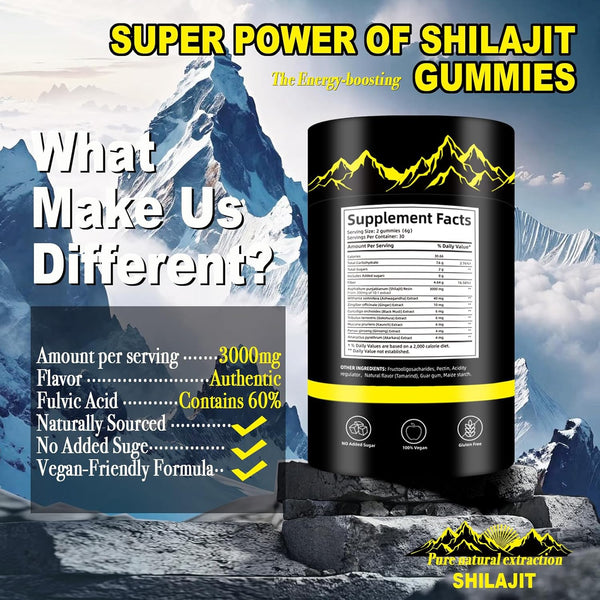 Pure Shilajit Gummies Gold - Ashwagandha, Fulvic Acid & 85+ Trace Minerals