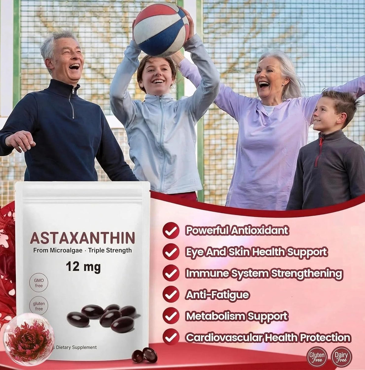 Astaxanthin 12mg Softgels | Microalgae-Derived Antioxidant | 120-Day Supply