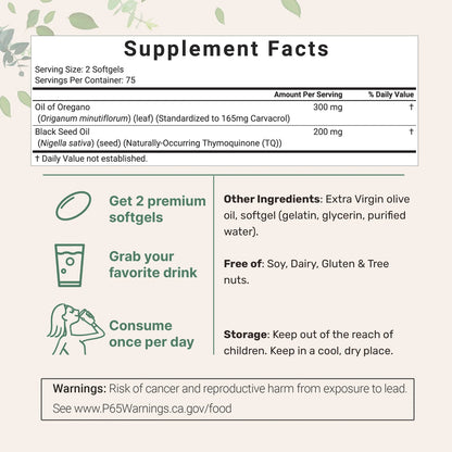 Oil of Oregano Black Seed Oil Capsules – Immune Support 60 Count
